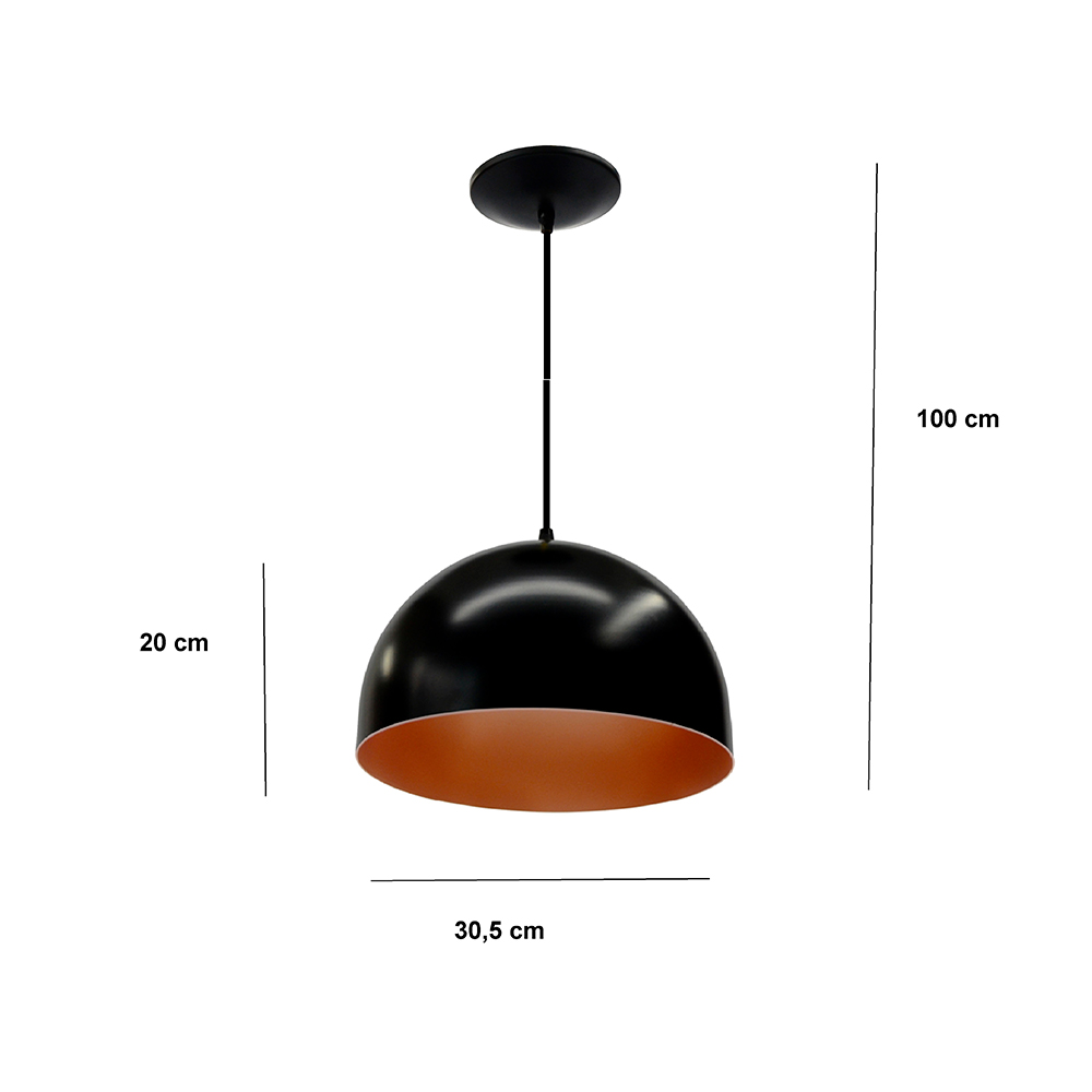 PENDENTE ARGOS 1 LÂMPADA E27 PRETO E COBRE EMA JC Materiais para
